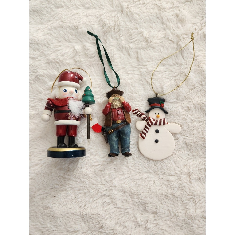 Lot Of 3 Unbranded Christmas Ornaments Nutcracker Western Santa And Snowman